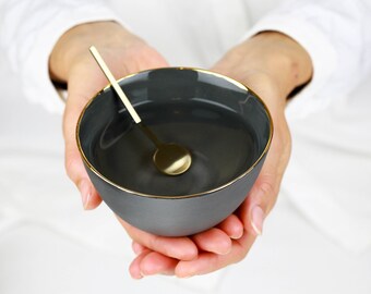 Porcelain Minimalist Bowl. Handmade Ceramic Bowl. Simple Serving Stoneware Small Bowl. Gold & Gray. Ring Dish Bowl Design by CONCEPTstudio