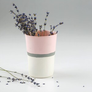Pu&ograve; includere: Un vaso in ceramica rosa e bianco con una striscia grigia intorno al centro, pieno di fiori di lavanda secchi.