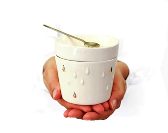 Handmade Ceramic Sugar Basin. Porcelain Dainty Sugar Bowl. Modern Jar. White & gold. Contemporary Wedding Sugar Bowl Design by CONCEPTstudio