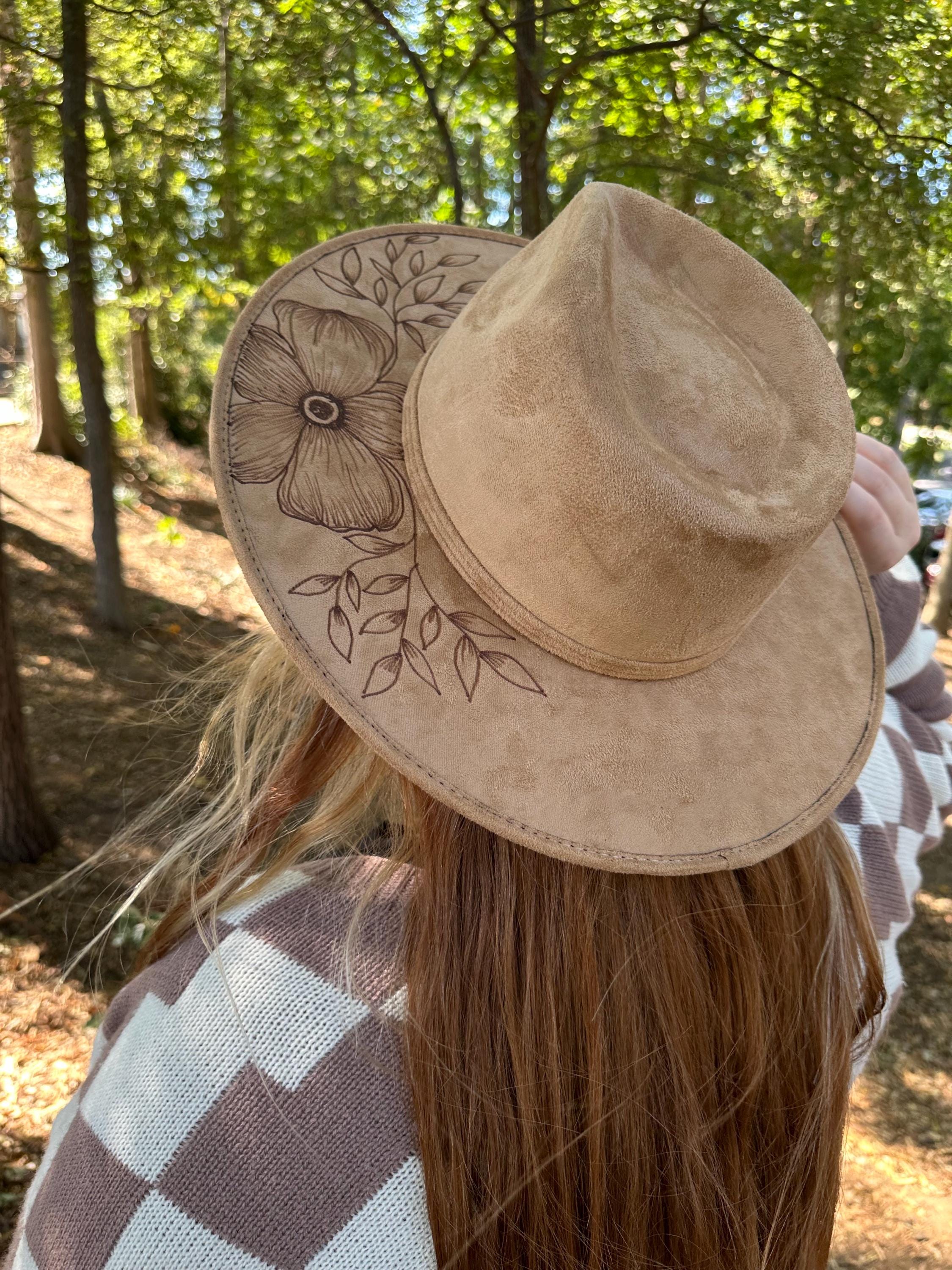 Custom Hand-burned Vegan Suede Boho Wide Brim Rancher Hat - Etsy display picture 1