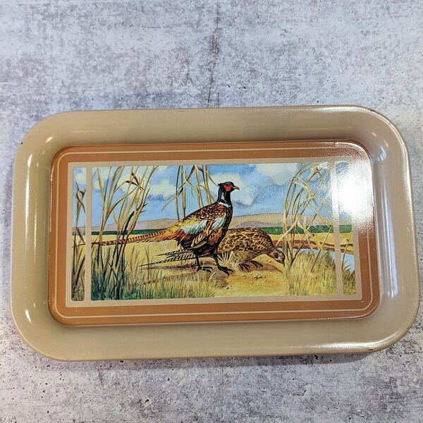 Vintage Wildlife Pheasant Small Metal Serving Trays, Brown Metal Individual Serving Trays, Metal Mid Century Lap Trays, Cabin Decor