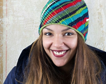 upcycling fulled loden beanie diagonal stripes