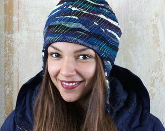 upcycling fulled loden beanie blue twenties