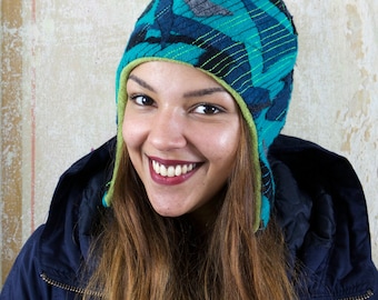 upcycling fulled loden beanie turquoise twenties