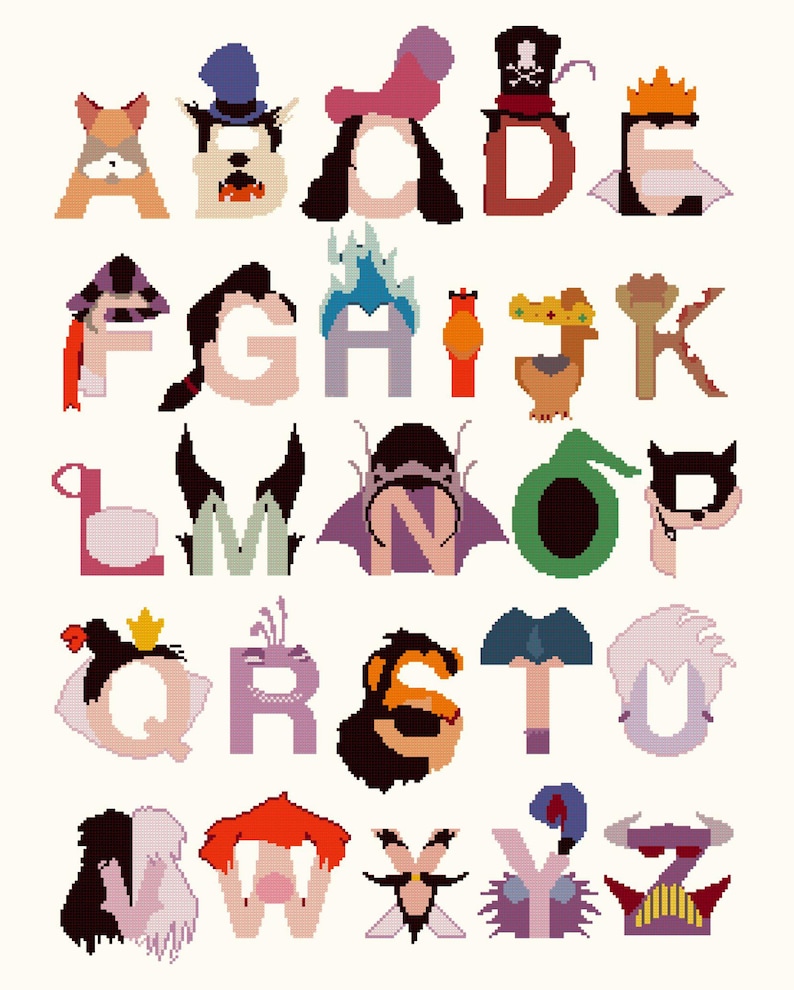 Alphabet Disney Villains Cross Stitch Alphabet Disney Pattern Etsy