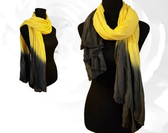 Black Scarf, Yellow Scarf, Shawl, Wrap, Gray Black Scarf, Colorful Shawl, Hand Dyed Scarf, Boho Scarf, Blanket Scarf, All Season Scarf, OOAK