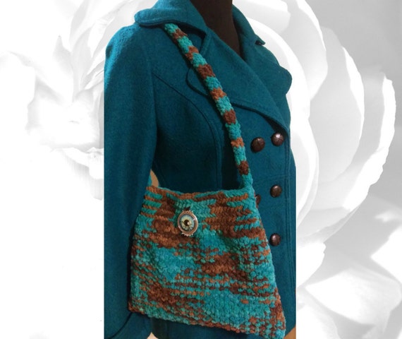 Knitted Purse, Multicolor Bag, Blue Handbag, Brown Handbag, Blue Shoulder Bag, Brown Shoulder Bag, Turquoise Handbag, Teal Handbag, Boho Bag