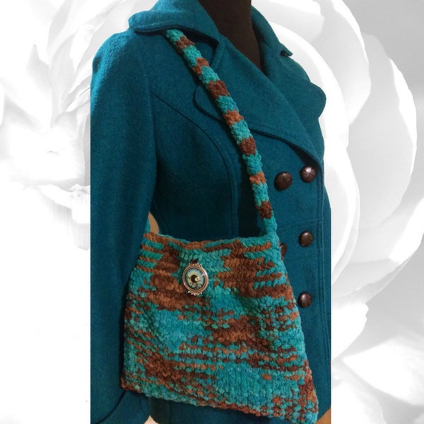 Knitted Purse, Multicolor Bag, Blue Handbag, Brown Handbag, Blue Shoulder Bag, Brown Shoulder Bag, Turquoise Handbag, Teal Handbag, Boho Bag