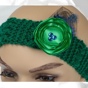 Green Headband, Green Ear Warmer, Flower Headband, Flower Ear Warmer, Flower Head Warmer, Head Warmer, Knitted Headband, Green Head Warmer