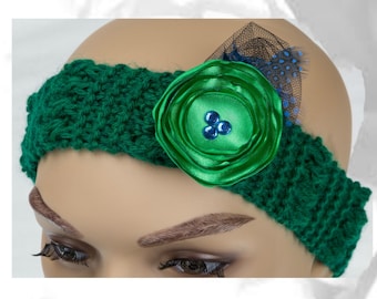 Bandeau vert, vert d’oreille plus chaud, bandeau de fleur, fleur oreille plus chaud, bandeau tricoté, cache-tête de la fleur plus chaud, la tête, vert de la tête plus chaud