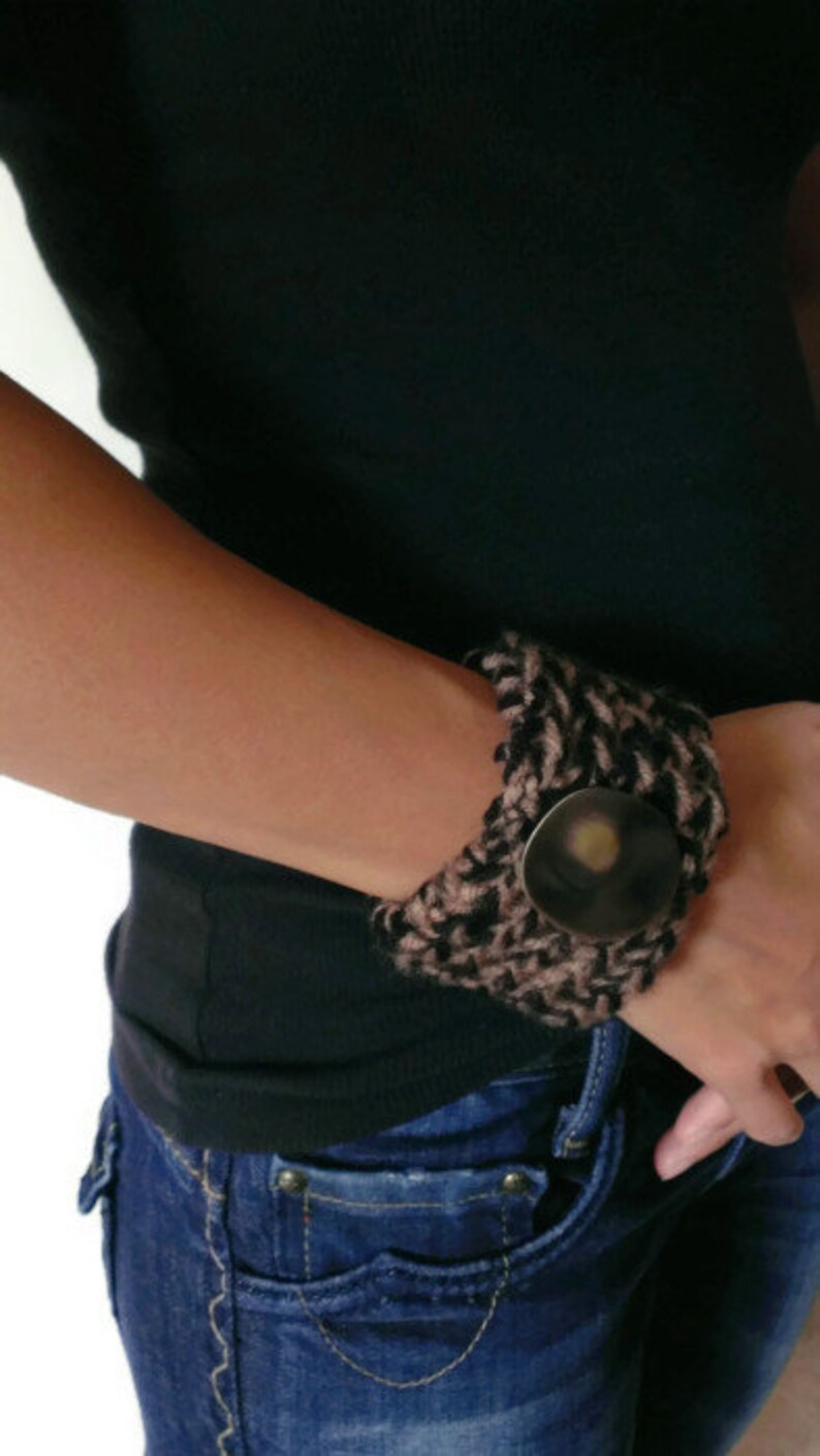 Knitted Bracelet, Handmade Knit Brown and Black Bracelet, Brown and