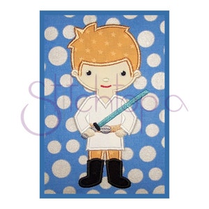 May include: A cartoon illustration of a young boy dressed as a Jedi Knight, wearing a white tunic, brown pants, and black boots. He is holding a blue lightsaber and standing on a blue background with white polka dots.