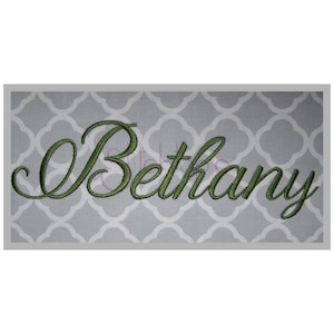 May include: Embroidered name "Bethany" in a cursive font, stitched in a dark green thread on a light gray background.
