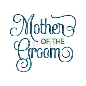 May include: A white background with the words "Mother of the Groom" in a script font. The word "Mother" and "Groom" are in a teal color, while "of the" is in green.