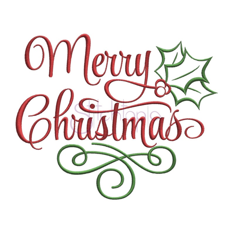 May include: Red and green embroidery design with the text "Merry Christmas" and a holly leaf design.