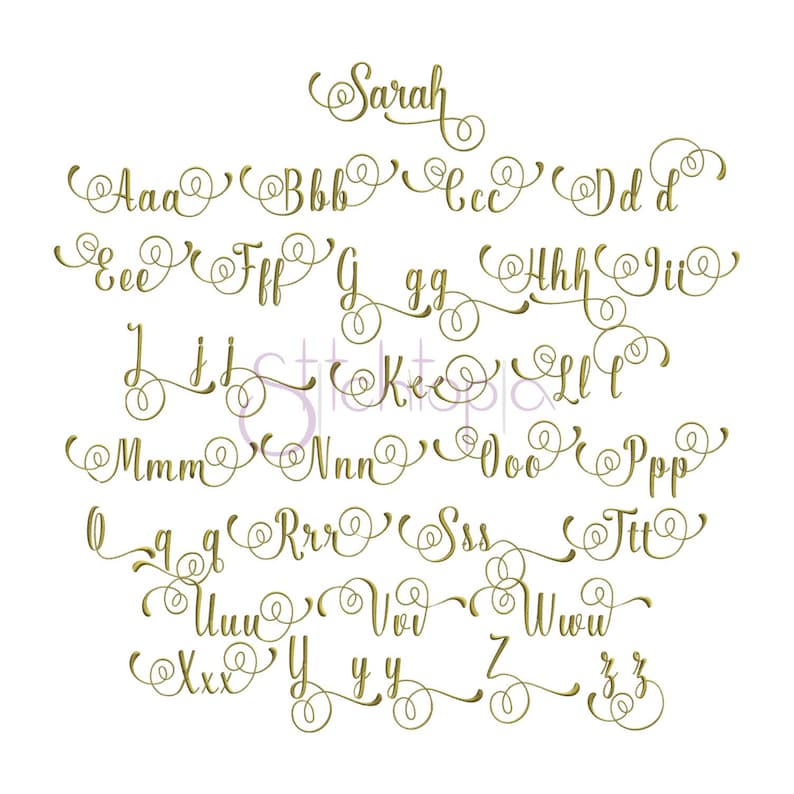 May include: A gold cursive font alphabet with a decorative flourish. The letters are arranged in rows, with each letter repeated three times. The word "Sarah" is written in the same font at the top of the image.