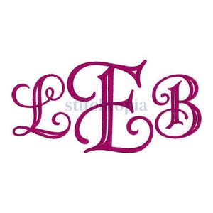 May include: A magenta embroidered monogram featuring the letters L, E, and B in a decorative, swirling script font. The letters are interconnected with elegant, flowing curves and loops, creating a cohesive design with a distinct stitch texture.