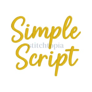 May include: A white background with the words "Simple Script" in a yellow, embroidered script font. The word "stitchtopia" is in a smaller font between the words.