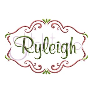 May include: A green cursive name "Ryleigh" in a decorative red and green frame. The frame has a scroll design with swirls and leaves.