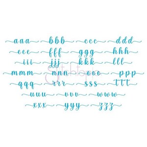 May include: A cursive alphabet chart with each letter of the alphabet repeated three times in a blue color. The letters are written in a flowing cursive style.