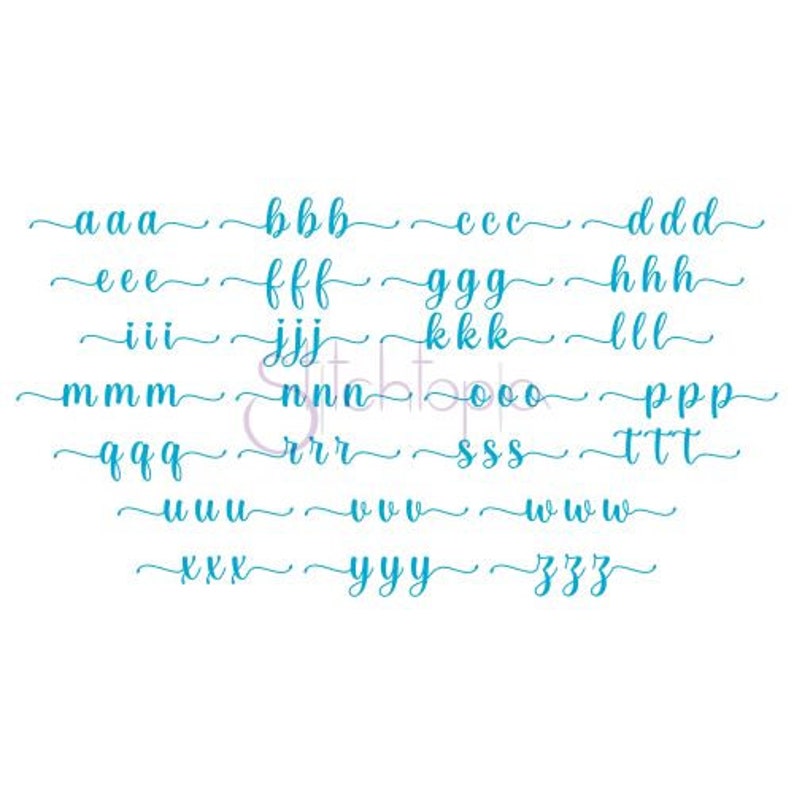 May include: A cursive alphabet chart with each letter of the alphabet repeated three times in a blue color. The letters are written in a flowing cursive style.