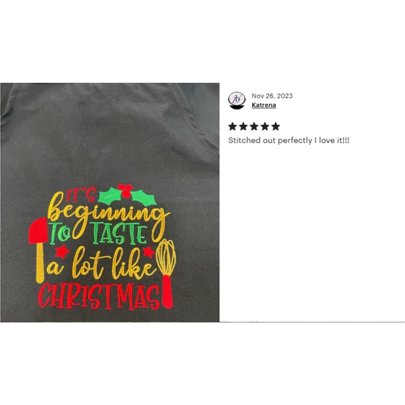 May include: A black t-shirt with red, green, and yellow embroidery that reads "It's beginning to taste a lot like Christmas".