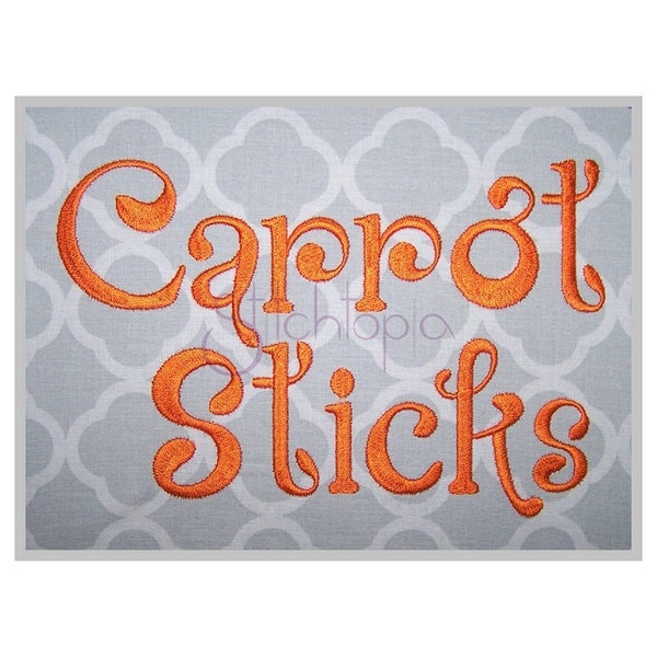 Carrot Sticks Embroidery Font .75" 1" 1.25" 1.5" 2" Formats: bx dst exp hus jef pes sew shv vip vp3 xxx Machine Embroidery Instant Download