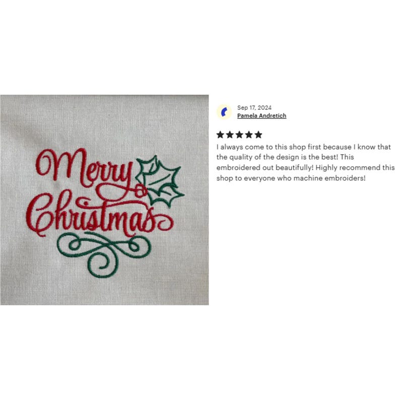 May include: Red and green embroidered design on a white fabric background. The design says "Merry Christmas" with a holly leaf and berry.