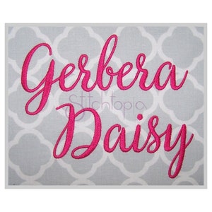 Op de afbeelding: Borduurwerk met de woorden "Gerbera Daisy" in een roze cursief lettertype op een grijze achtergrond.