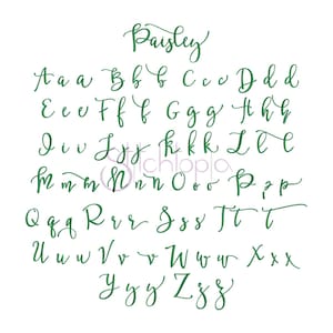 May include: A green handwritten alphabet font called "Paisley" with each letter shown in uppercase and lowercase.