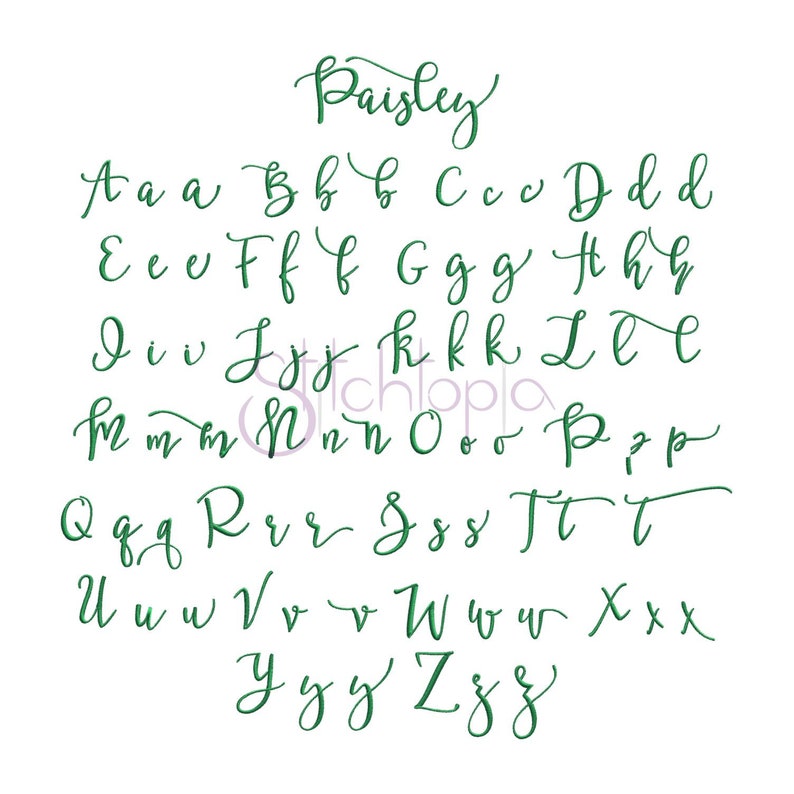 May include: A green handwritten alphabet font called "Paisley" with each letter shown in uppercase and lowercase.