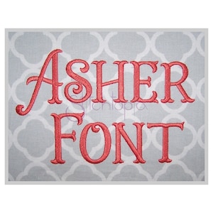 May include: Embroidered text in a red font that reads "Asher Font". The text is on a gray background with a repeating pattern.