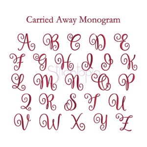 May include: A set of 26 cursive letters in a burgundy red color. The letters are arranged in alphabetical order and are designed for use as a monogram.
