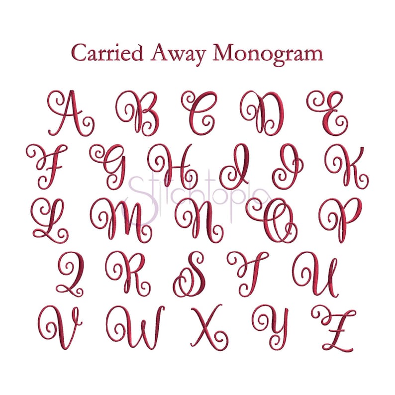 May include: A set of 26 cursive letters in a burgundy red color. The letters are arranged in alphabetical order and are designed for use as a monogram.