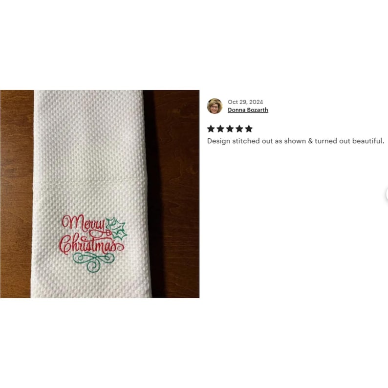 May include: White kitchen towel with red and green embroidery that says "Merry Christmas".