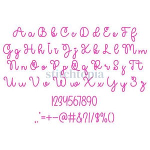 May include: A pink alphabet font with uppercase and lowercase letters, numbers 1-9 and 0, and punctuation marks. The font is cursive and has a whimsical style.