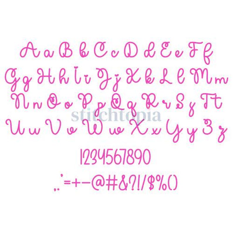 May include: A pink alphabet font with uppercase and lowercase letters, numbers 1-9 and 0, and punctuation marks. The font is cursive and has a whimsical style.