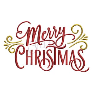 May include: Red cursive text that reads "Merry Christmas" with gold swirls on either side.