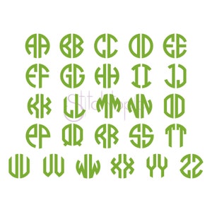 May include: A set of 26 green monogram letters in a circle, each letter is made up of two overlapping circles.