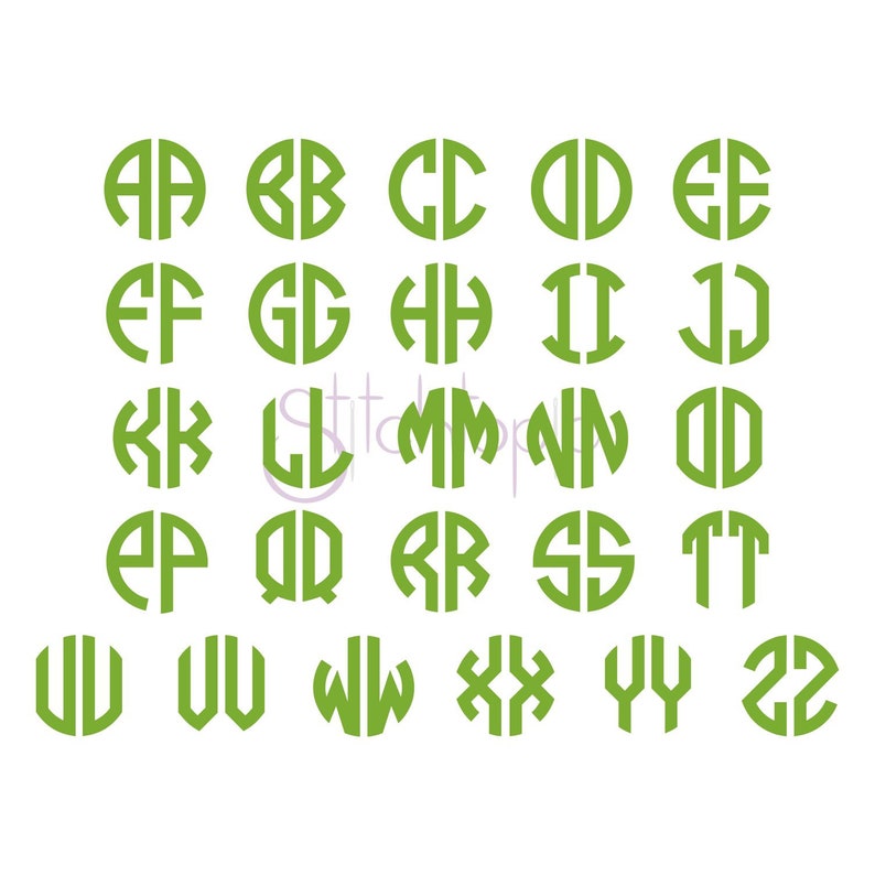 May include: A set of 26 green monogram letters in a circle, each letter is made up of two overlapping circles.