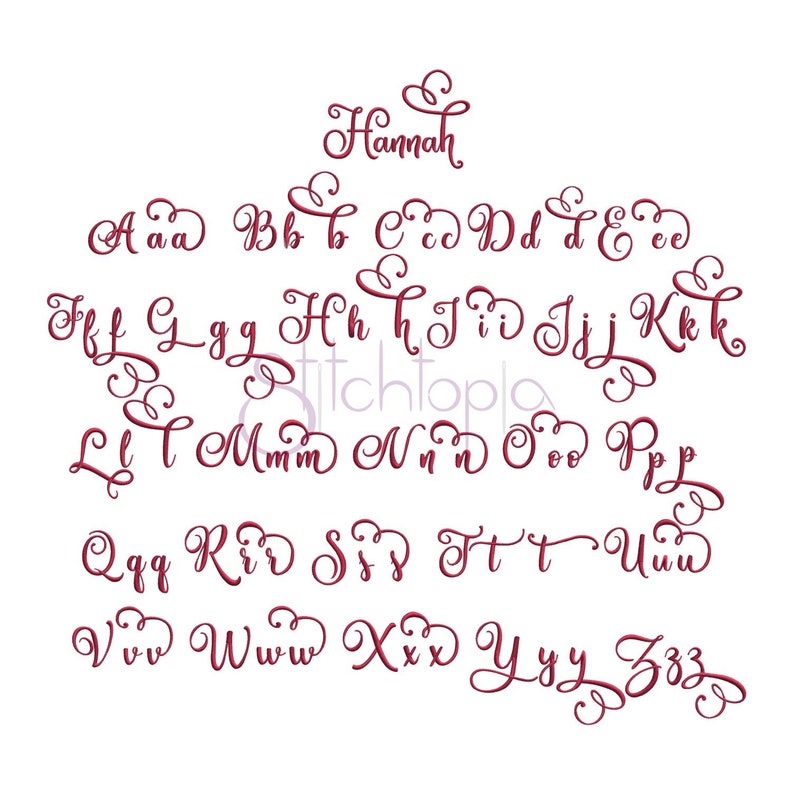 May include: A burgundy cursive font alphabet with a decorative flourish at the end of each letter. The word "Hannah" is written in the same font at the top of the image.