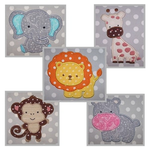 Baby Animals Applique Set - 6 Sizes Each 10 Formats Baby Elephant Giraffe Lion Monkey Hippo Machine Applique Designs Instant Download Files