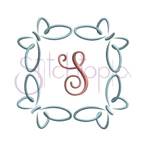 May include: A monogram design featuring the letter "S" in a light brown colour, surrounded by a square frame made of light blue stylised floral motifs.