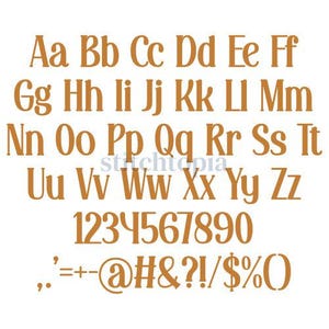 May include: A complete alphabet and number set in a serif font, displayed in a warm brown color against a white background. Includes uppercase and lowercase letters, numbers, and symbols.