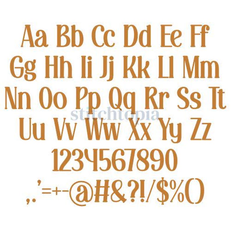 May include: A complete alphabet and number set in a serif font, displayed in a warm brown color against a white background. Includes uppercase and lowercase letters, numbers, and symbols.