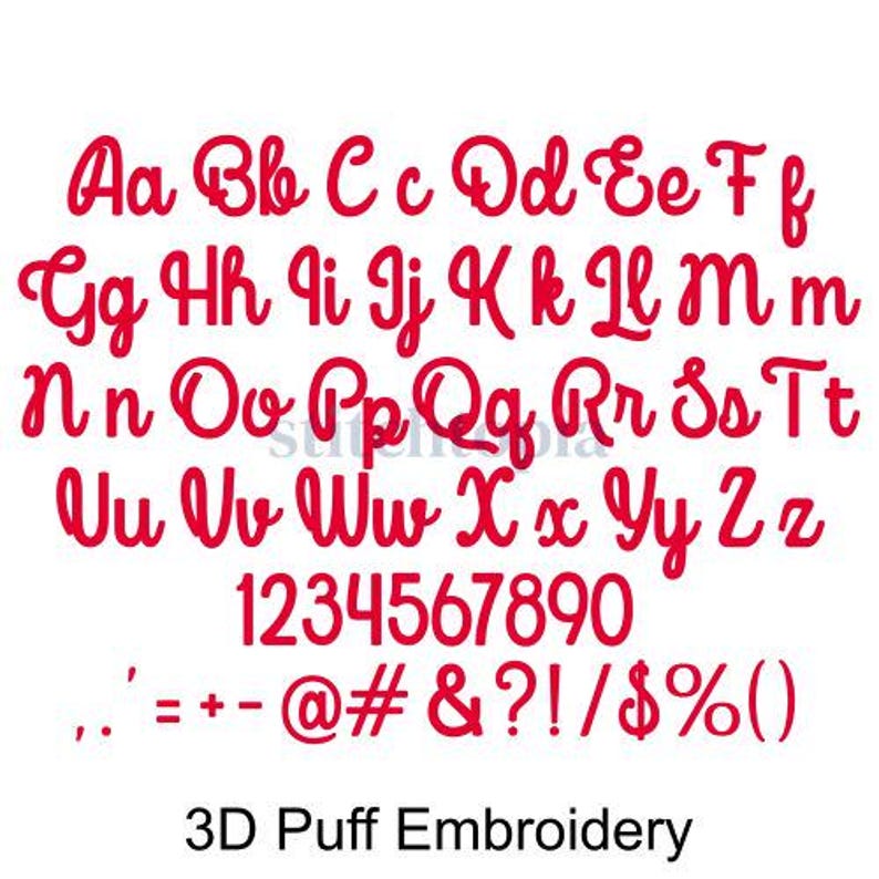 May include: A complete red cursive alphabet, numbers, and symbols are displayed on a white background. The text "3D Puff Embroidery" is at the bottom. The letters are in uppercase and lowercase.