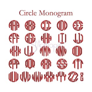 May include: A chart of red embroidered circle monogram letters from A to Z. The letters are in a circle shape with the letters repeated three times.