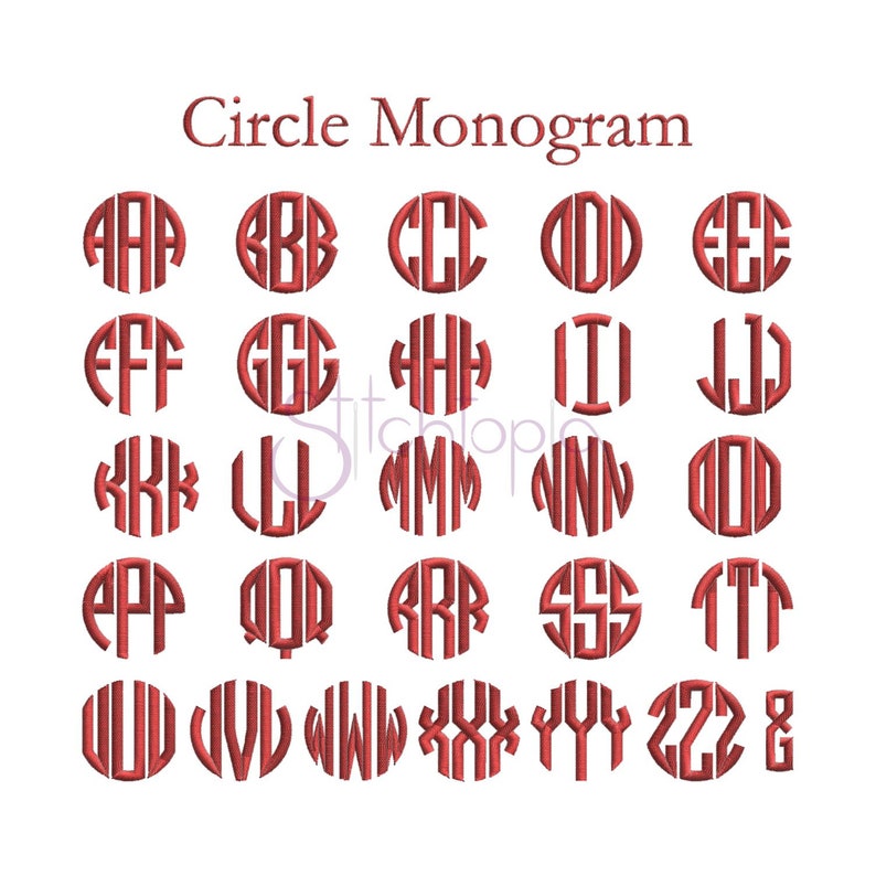 May include: A chart of red embroidered circle monogram letters from A to Z. The letters are in a circle shape with the letters repeated three times.