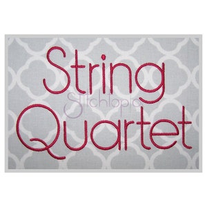 May include: Embroidered design on a gray fabric background. The design reads "String Quartet" in red thread.