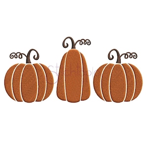 May include: Three orange pumpkins with brown stems and curly tendrils. The pumpkins are arranged in a row from left to right.